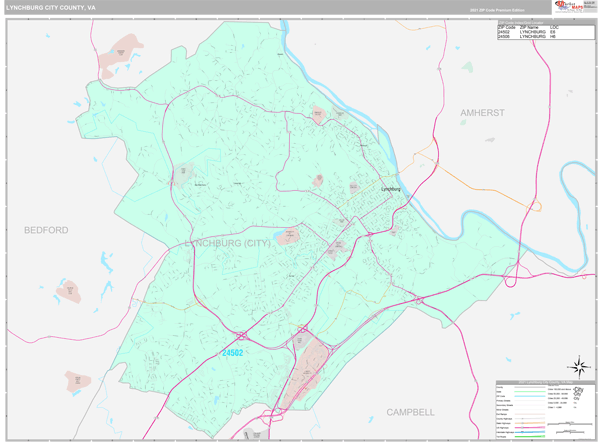 Lynchburg City County, VA Wall Map Premium Style
